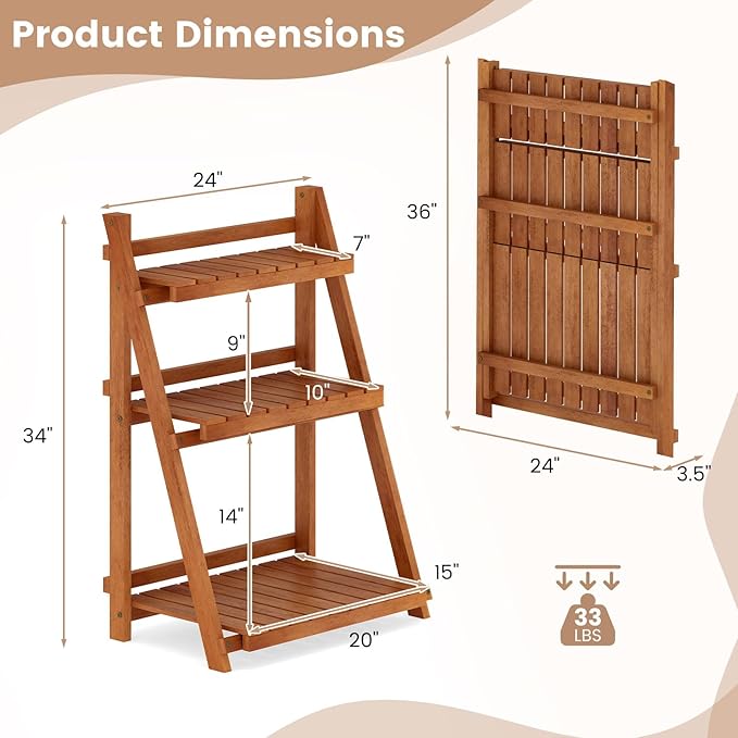 Giantex Foldable Ladder Plant Shelf, 3-Tier Solid Wood Indoor Outdoor Flower Pot Display Rack, Corner Storage Bookshelf, Freestanding Tiered Plant Stand for Garden Patio Balcony, No Assembly
