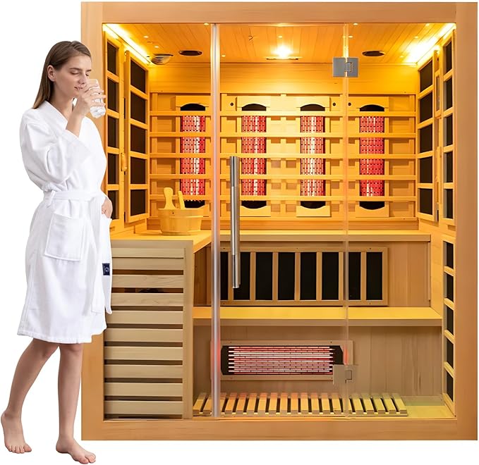 Luxury Dual-System Wood Sauna Room for 4-6 Person, Hybrid Indoor Sauna Spa,Canadian Hemlock, 6KW Heater, 195°F Steam+149°F Far Infrared, 12 Heating Elements, 220V, Oxygen Ionizer, 8mm Tempered-Grass