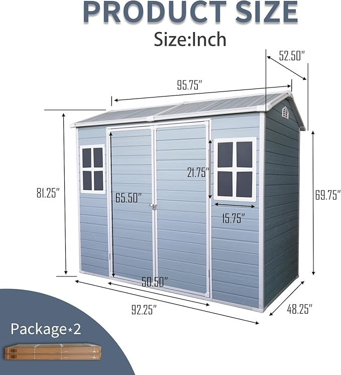 8 x 4 FT Outdoor Storage Shed, Outdoor Resin Shed with Two-Window and Double-Door, Plastic with Floor for Gargen, Patio, Yard, Lawn (Gray)