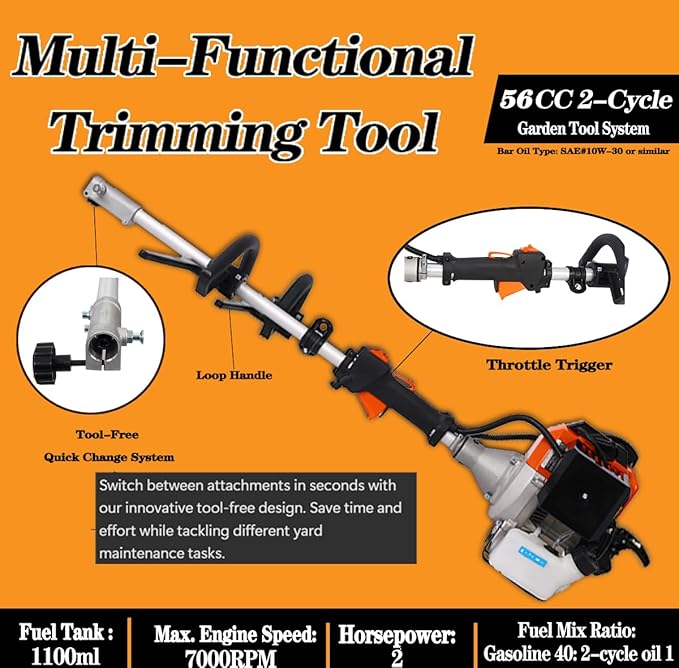 56cc 2-Cycle Gas Multi-Trimmer | 4-in-1 String Trimmer w/Rotatable Pole Saw, Weed Eater Weed Wacker, Brush Cutter & Hedge Trimmer Gas for Lawn, Yard, Garden Care, All-in-one Garden Tool