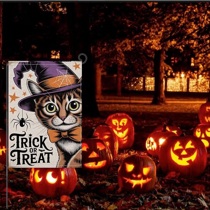HTBIG Halloween Decor Garden Flag, Halloween Cat Trick or Treat Garden Flag, Yard Flags for Outside 12x18 inch, Outside Yard for Home Decorations
