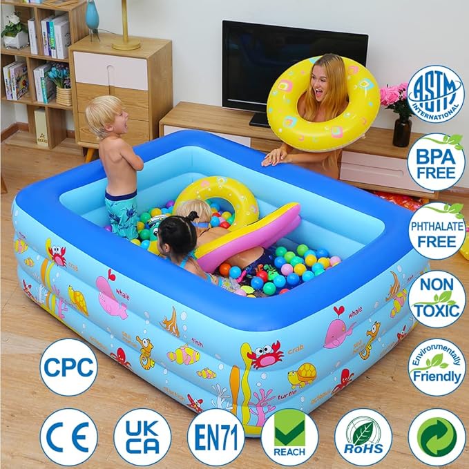 Inflatable Swimming Pool for Kids and Adults, 83" x 57" x 25" Kiddie Pool with Inflatable Soft Floor, Ocean World Family Blow Up Pool for Birth, Backyard, Garden, Party
