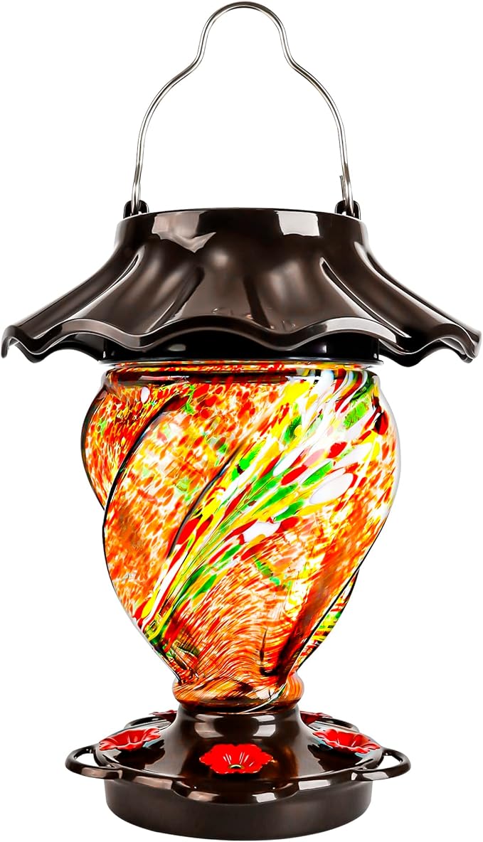 LUJII Solar Hummingbird Feeder for Outdoors Hanging with Color Changing, Hand Blown Glass, 35 fl.oz, Never Leak, Lighted Lantern for Garden Decoration, Unique Gift for Bird Lovers, Red