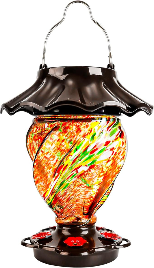 LUJII Solar Hummingbird Feeder for Outdoors Hanging with Color Changing, Hand Blown Glass, 35 fl.oz, Never Leak, Lighted Lantern for Garden Decoration, Unique Gift for Bird Lovers, Red