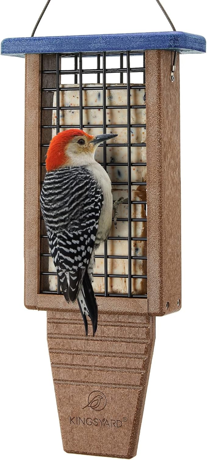 Kingsyard Recycled Plastic Suet Bird Feeder, Double Capacity Tail-Prop Suet Feeder for Outside Hanging, Sturdy & Durable, Great for Woodpecker & Clinging Birds, Blue