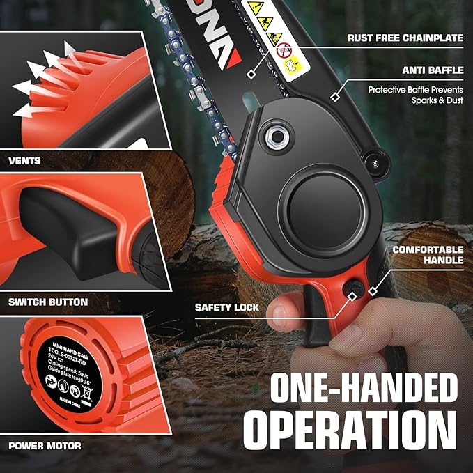 DNA MOTORING Mini Chainsaw, 6 Inch Electric Chain saw Cordless Handheld Chainsaw w/ 2 20V 2000mAh Batteries, Small Handheld Battery Powered Super Saw for Tree Trimming, Wood Cutting, TOOLS-00727-RD