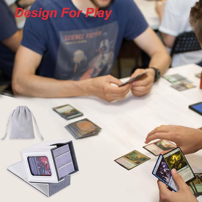 AFIING MTG Deck Box for Commander Display, Fits 100 Double Sleeved Cards, Magic Commander TCG Card Storage Box with 2 Dividers, Drawstring Bag and 1 Toploader (White/Grey)