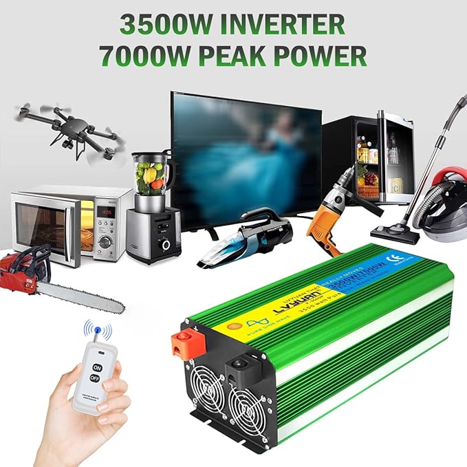 LVYUAN 3500W Pure Sine Wave Inverter DC 24V to AC 110V/120V Car Inverter with 4 AC Outlets USB Port for Camping/Truck/RV/Solar System/Travel Camping