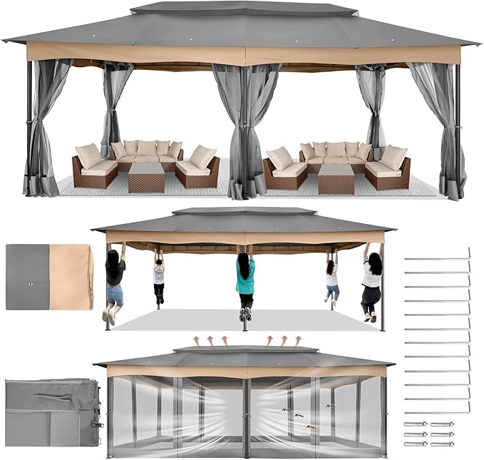COBIZI Gazebo 12x20 Heavy Duty Gazebos with Improved Nettings Outdoor Gazebo Canopy Double Roof Patio Gazebos with Metal Steel Frame for Patio, Deck, Backyard (Gray)