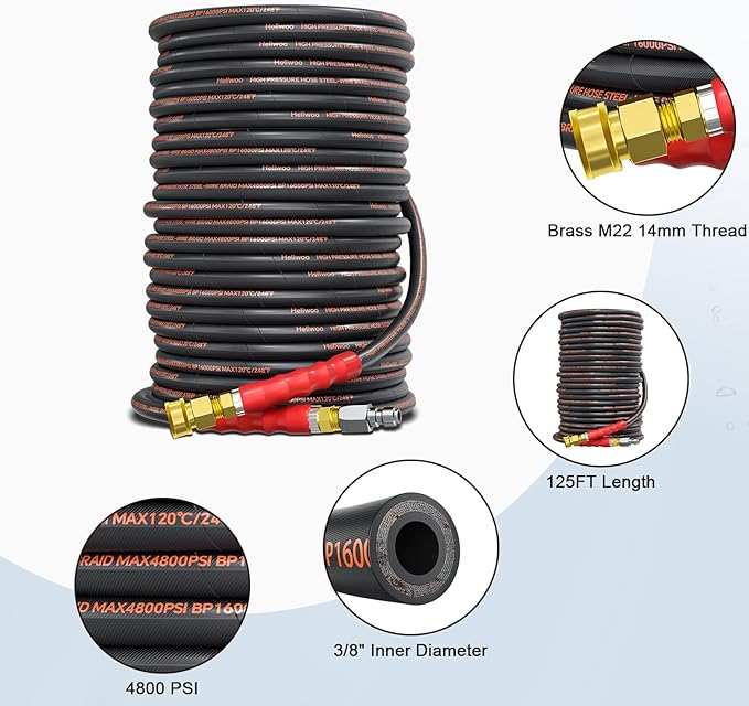 Pressure Washer Hose 125FT, 4800PSI High Tensile Wire Braid Kink Resistant Power Washer Extension Hose, 3/8" Flexible Replacement Hose with 3/8 Quick Connect