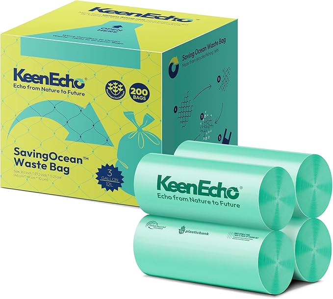 3 Gallon 200 Counts Small Green Trash Bags with Handle, Ocean Fishing Nets Upcycling, Sage & Sea Salt Scented, Plastic Garbage Bags, Waste Bag for Kitchen, Bathroom, Office and Pets