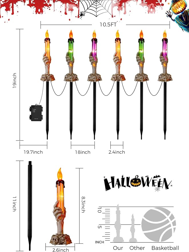 Halloween Decorations, 2 x 6 Pack Skeleton Hands Hold Lighted Candle Stakes, Waterproof Battery Operated Pathway Decor with Timer, Light Up for Tabletop Indoor Outdoor Party Lawn Yard Garden