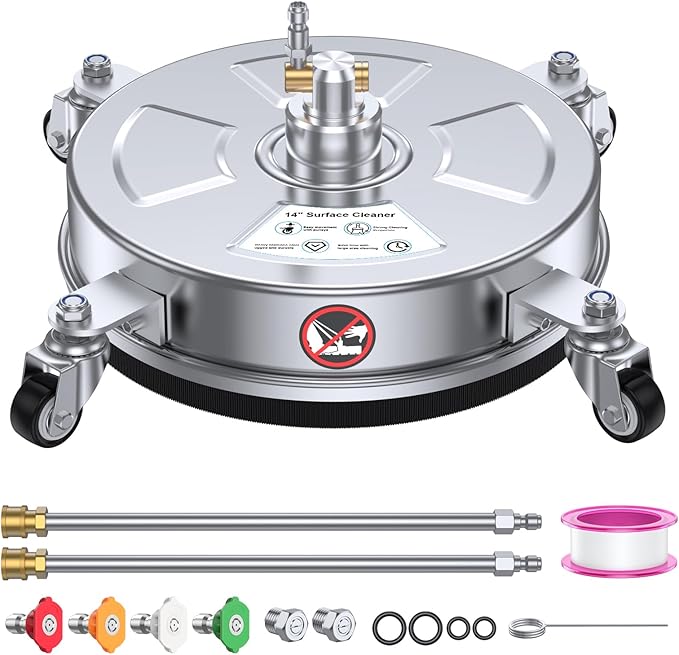 14" Pressure Washer Surface Cleaner with 4 Wheels, Stainless Steel Housing for Pressure Washer Attachment for Concrete, Patio, Sidewalk, Deck and Driveways