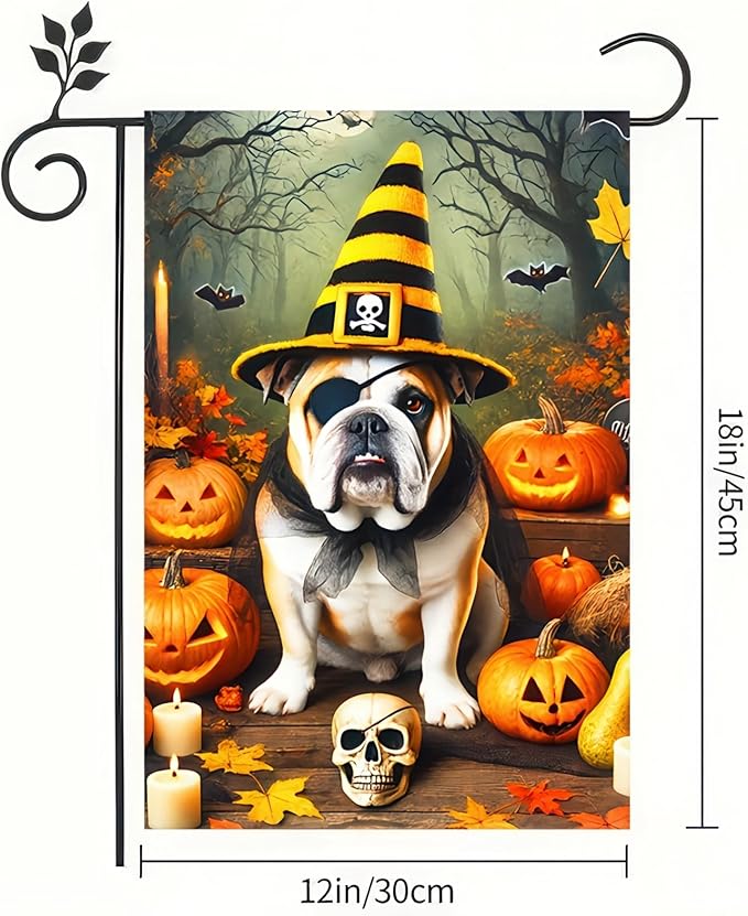 Happy Halloween Garden Flag 12x18 Double Sided Bulldog Dog Pumpkin Garden Flag Skull Bats Bulldog with Fall Autumn Witch Hat Decorative Banner Outdoor Flag Décor