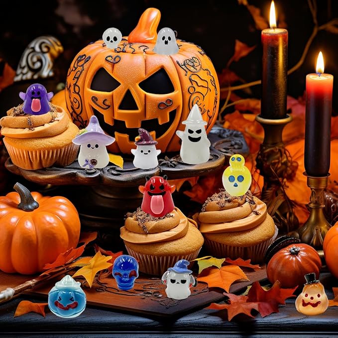 Suartus Halloween Mini Resin Figures 39 Styles Tiny Resin Figurines Kit to Hide Cute Pumpkin Ghost Skull Luminous Miniature Figures Bulk for Halloween Party Favors Outdoor Garden Landscape Decor