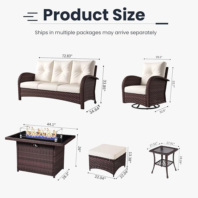 7 Pieces Patio Furniture Sets with Fire Pit Table, Wicker Rattan High Back Outdoor Swivel Rocking Chairs Set with 3-Seat Couch, Ottomans and Side Table