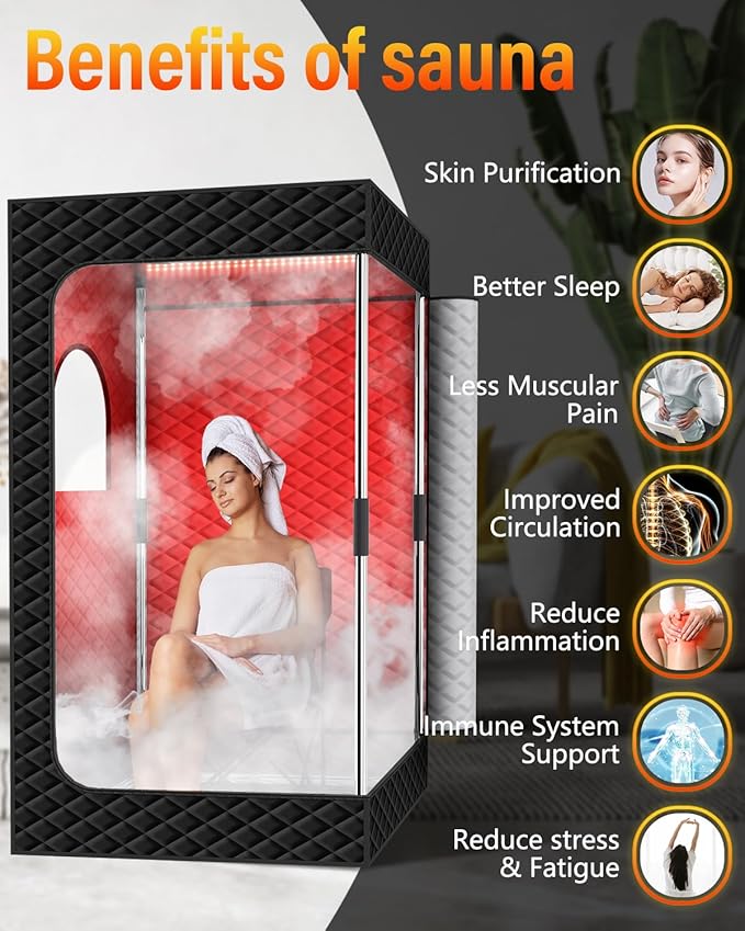 Infrared Sauna Box, Portable Steam Sauna Tent with 3L/1400W Steamer, 5-Layer Waterproof and Thermal Insulation, Folding Chair, for Home Steam Spa, Indoor & Outdoor(Black)