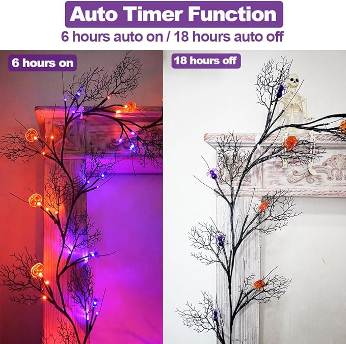 Halloween Decor Lights 8.86FT 72 LED Willow Vine Twig with Timer Battery Operated Garland Lights with Orange Pumpkins Purple Spiders and Black Dead Branches Indoor Halloween Decorations for Home