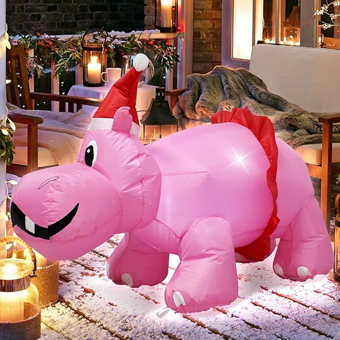 Christmas Inflatable Hippo 3.5ft Outdoor Decoration, Blow up Cute Pink Hippopotamus in Santa Hat and Red Dress with LED Lights, Suitable for Lawn Garden Party Holiday Easter Spring Decoration
