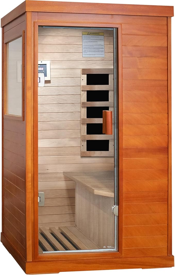 Far Infrared Sauna for Home Dry Sauna for Home Wood Sauna Room 1 Person Infrared Sauna Indoor One Person Sauna Low EMF Okoume Wood Sauna with Control Panel, Speakers and Tempered Glass Door