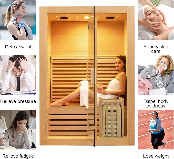 ZONEMEL Wooden Steam Sauna Room, 3 Person Canadian Hemlock Luxurious Indoor Sauna with 6 KW Harvia Stove Heater, WiFi Control, Sauna Stone, Wooden Bucket, Scoop, Reading Light, Hourglass, 220V