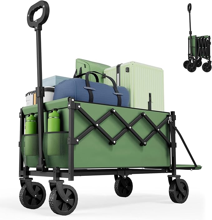 Collapsible Wagon with Tailgate, Ultra-Compact & Portable Folding Wagon with 350lbs Capacity, Lightweight Portable Utility Wagon Cart for Shopping Camping Sports Garden（Green）