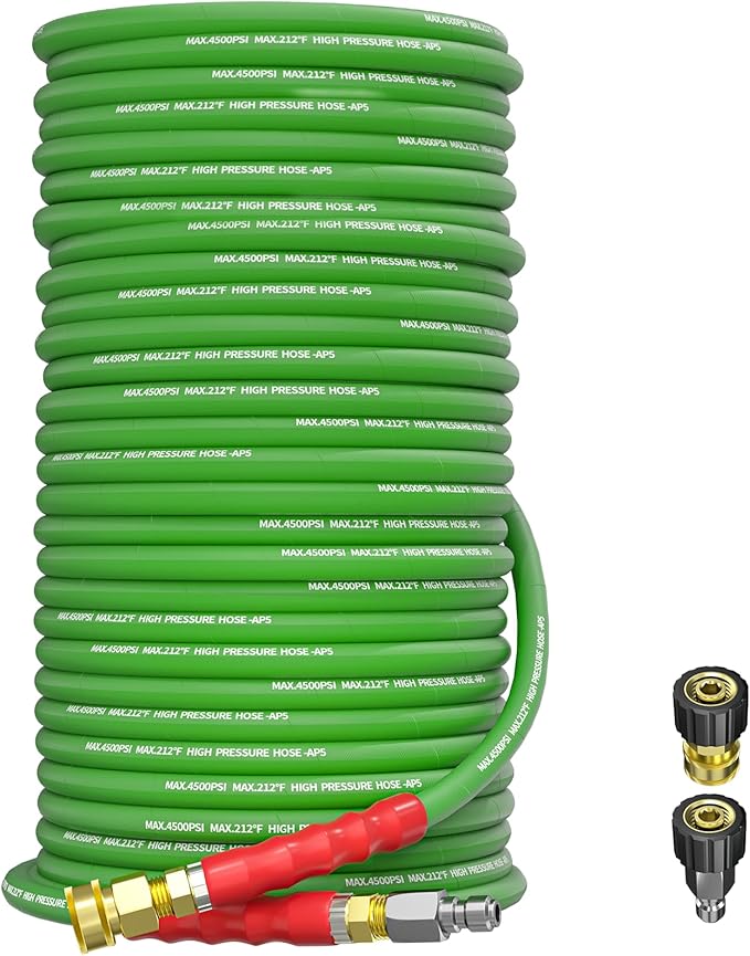 Pressure Washer Hose 200FT 3/8" for Cold and Hot Water 212°F, with Swivel Quick Connect, 4500PSI Kink Resistant Grade Steel Wire Braided, Power Washer Hose With 2pcs M22-14mm Adapter