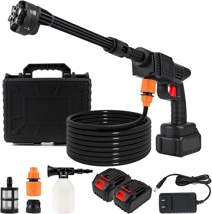 Cordless Pressure Washer with 6-in-1 Nozzle, Portable Water Spray Gun with Foam Cannon, 600PSI Electric Pressure Jet Washer, Battery Powered Car Cleaner Machine for Wall Fence Floor Cleaning (Black)