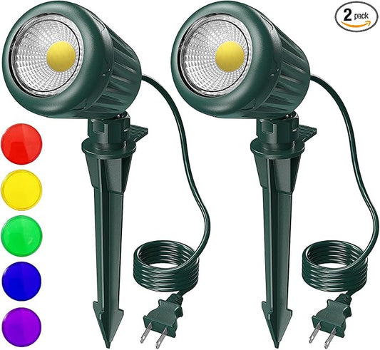 Outdoor Spot Lights for Yard Plug in Spotlights with 5 Extra Lenses (Red, Yellow, Green, Blue, Purple) 6000K White,Suitable for Holiday Daily Yard,Halloween,Garden, Lawn Tree Decoration,2 Pack