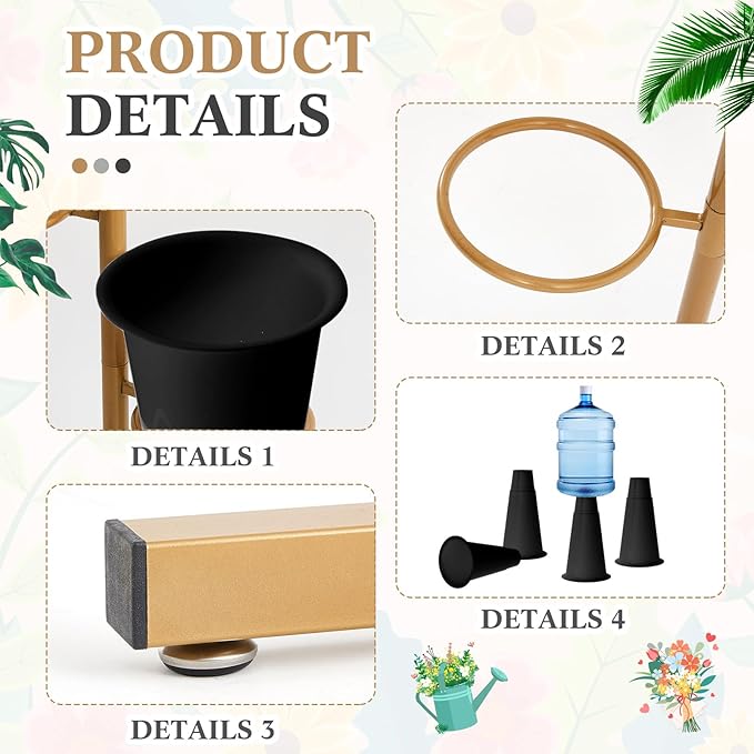 Flower Display Stand with 4 Plastic Buckets, Rotatable Metal Flower Stand Gold Plant Stands 4 Tier Florist Shelf Plant Cart for Patio Garden Living Room Indoor Outdoor Home Decoration (Black)