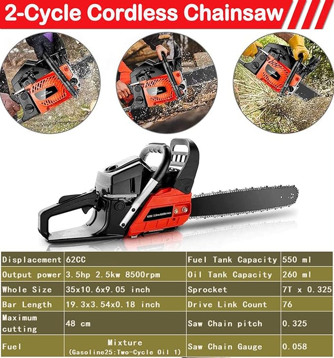 COOCHEER 62cc Gas Chainsaw 2-Cycle Cordless Chainsaw 20 Inch Handheld Chain Saw with 2 Chains & Carrying Bag for Cutting Wood Tree Trimming Farm Garden