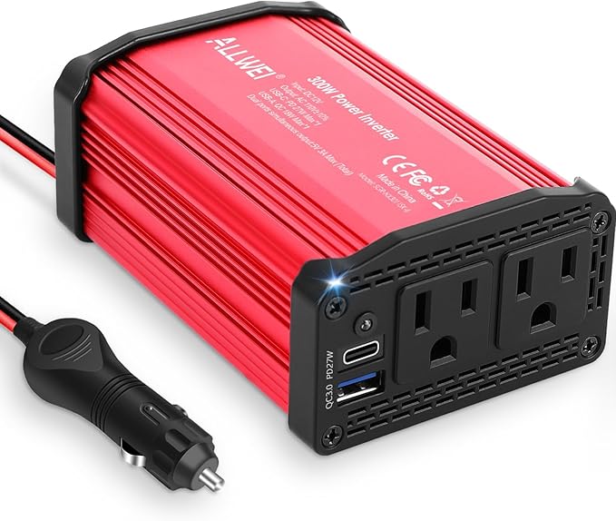 ALLWEI 300W Power Inverter DC 12V to 110V AC, Compact Car Plug Adapter Outlet with 27W PD USB-C &18W USB-A Fast Charging, Cigarette Lighter Adapter Car Charger for Phone, Laptop on Road Trip - Red