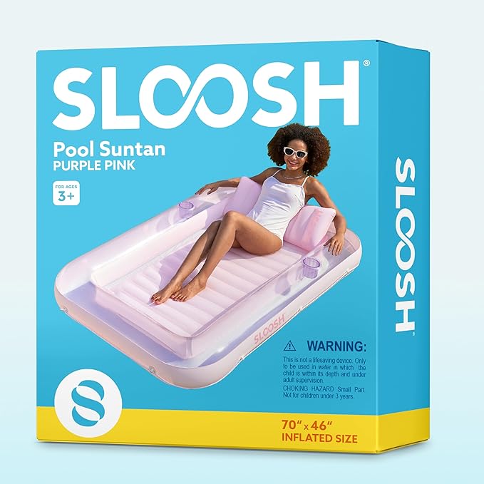 SLOOSH Inflatable Tanning Pool Lounger Float, 70" x 46" Pool Floats Adult with Pillow, 4 in 1 Suntan Tub Raft Floatie,Sunbathing Bed Lounge for Water Blow Up Kids Ball Pit Party Gifts, L-Purple Pink