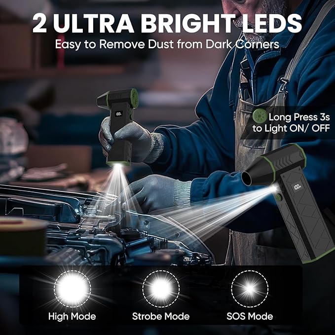 Compressed Air Duster with Flashlight, 180000RPM Electric Air Duster with 4 Gear, 10000mAh Rechargeable Air Blower with LED Light, Air Duster for Car, Computer, Keyboard, Outdoors, Home (Green)