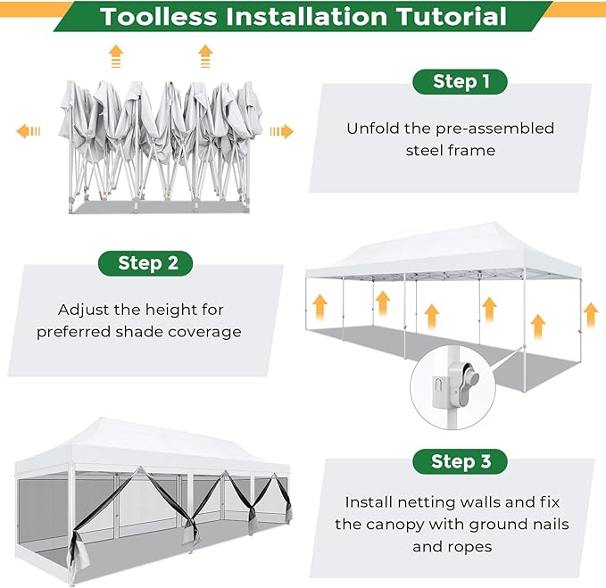 COBIZI 10x30 Heavy Duty Pop Up Canopy with 8 Sidewalls, Commercial Gazebo Party Tent with Mosquito Netting Wall Easy Set Up Outdoor Instant Screen Tent for Backyard, Patio, Garden, White