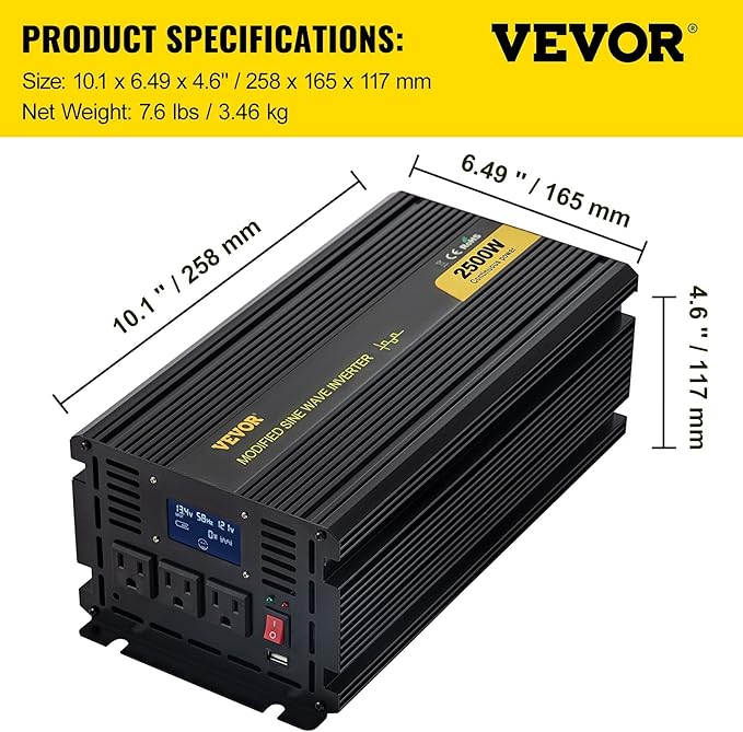 VEVOR Power Inverter, 2500W Modified Sine Wave Inverter, DC 12V to AC 120V Car Converter, with LCD Display, Remote Controller, LED Indicator, AC Outlets Inverter for Truck RV Car Boat Travel Camping