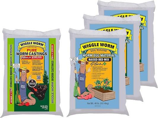 Combo Package - 4 Total 40-Pound Bags - Earthworm Egg Material Raised Bed Mix for Gardening/Planting (3 Count) and Worm Egg Material Soil Fertilizer (1 Count)
