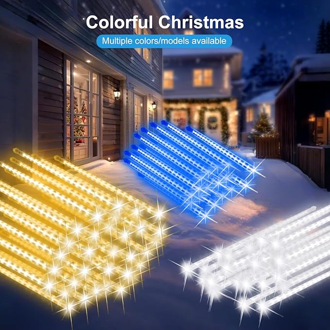 PEMOTech Christmas Lights Outdoor,16 Tubes (Equivalent to 2 Sets of 8-Tubes) Meteor Shower Lights,Waterproof Christmas Decorations for Xmas Tree Party, Outdoor Christmas Decorations,UL Plug,Blue