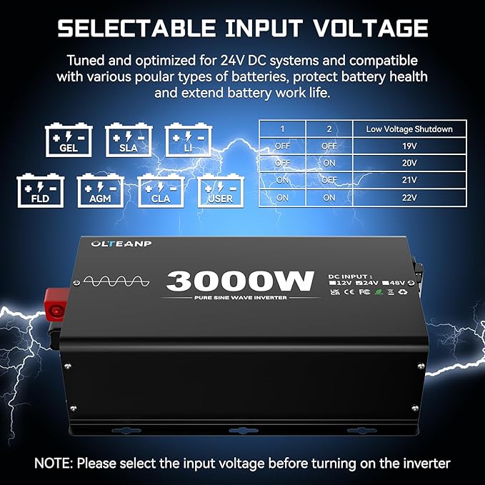 New Upgraded 24V 3000 Watts Pure Sine Wave Inverter, 24V DC to 110V/120V AC Power Inverter with 4 AC Outlets, USB Port, Type-C Port for Truck, Vehicle, Power Outage, Remote Control with LCD Screen
