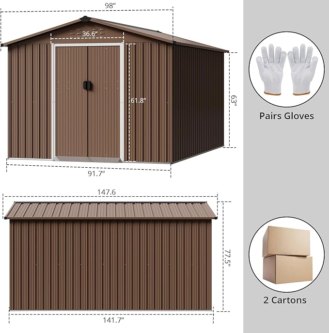 8X12 FT Large Metal Outdoor Storage Shed, Galvanized Steel Garden Tool Shed with Lockable Double Doors & Ventilation for Bicycles, Tools, Lawnmowers, Backyards, Patios, Lawns, Brown