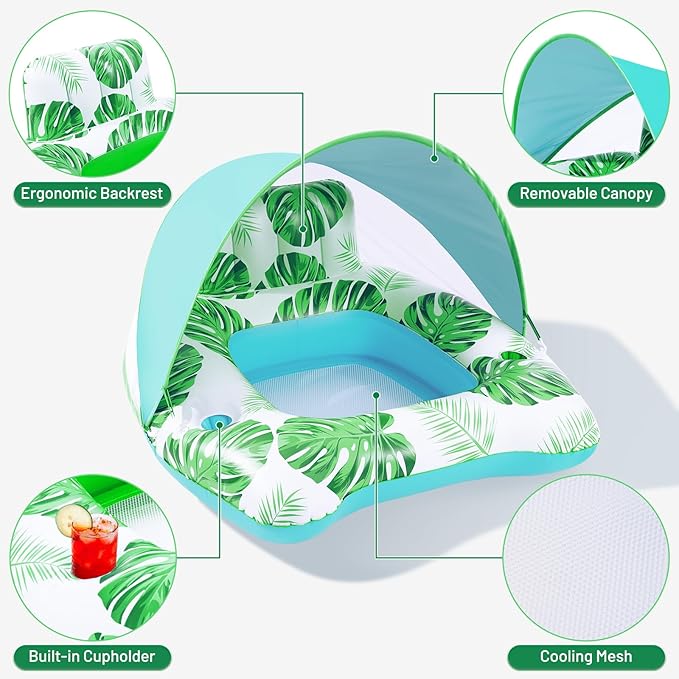 【Upgraded】 Pool Floats Adult with Canopy, XL Inflatable Pool Floaties for Adults Heavy Duty, Pool Chair and Lounge for Swimming in Pool Beach Lake, Float for Pool Floating with Cup Holder, Backrest