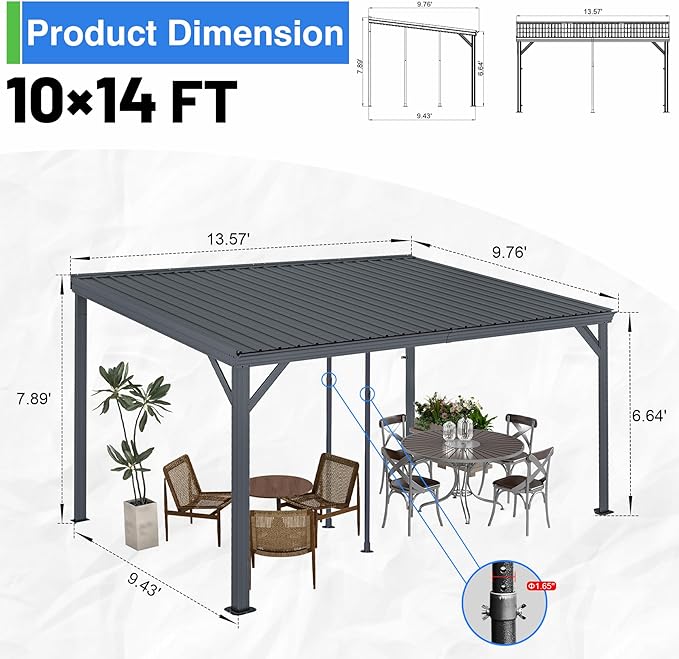 10x14FT Lean to Gazebo, Outdoor Hardtop Wall Mount Gazebo with Gutter & Sloping Galvanized Steel Roof, Metal Hard Top Awnings for Deck, Porch, Backyard