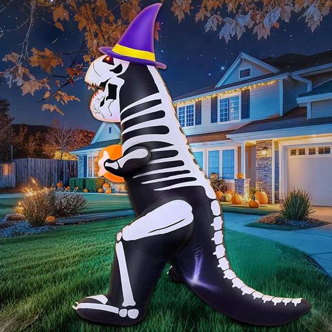 8FT Halloween Inflatables Outdoor Decorations, Halloween Blow Ups Inflatable Skeleton Dinosaur with Pumpkin for Outside Garden Decor, Halloween Decorations Outdoor