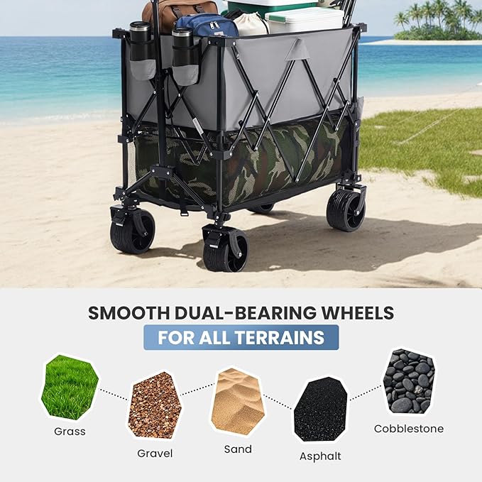 DUMOS Large Capacity Folding Double Decker Wagon with Brakes, 440 lbs Wagons Carts Foldable Wagon Cart with Flexible Handle, All-Terrain Big Wheels for Grocery Sports Garden Camping