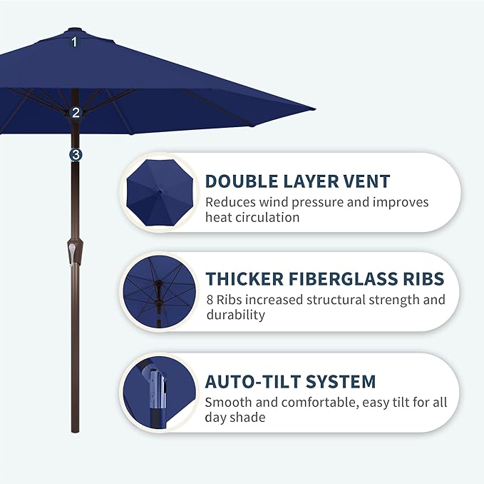 PatioKingdom Auto-Tilt 9FT Patio Umbrella Outdoor with 8 Sturdy Fiberglass Ribs,Market Table Umbrella for Pool,Backyard,Deck and Garden