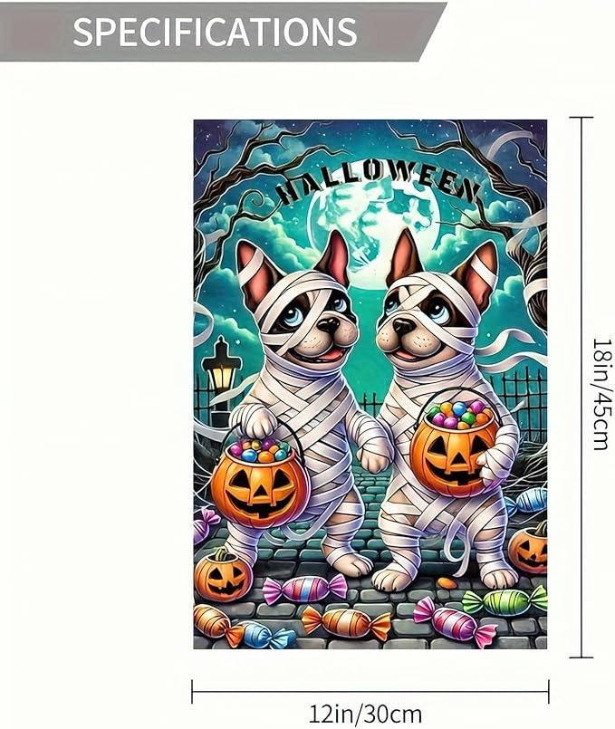 Halloween Mummy Dog Garden Flag 12x18 Inch Double Sided Cute French Bulldog Trick-or-Treat Garden Flag Pumpkin Candy Ghost Dog Flag Banner Holiday Small Halloween Yard Flags