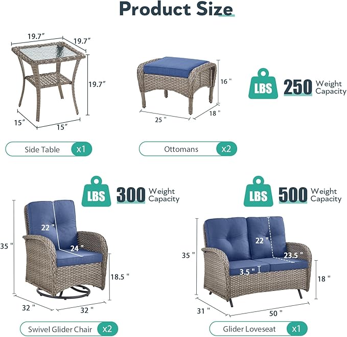 6 Piece Patio Furniture Set - Wicker Patio Conversation Set with Swivel Glider, Glider Loveseat, Tempered Glass Side Table and 2 Ottomans for Deck Backyard - Grey Wicker Blue Cushion