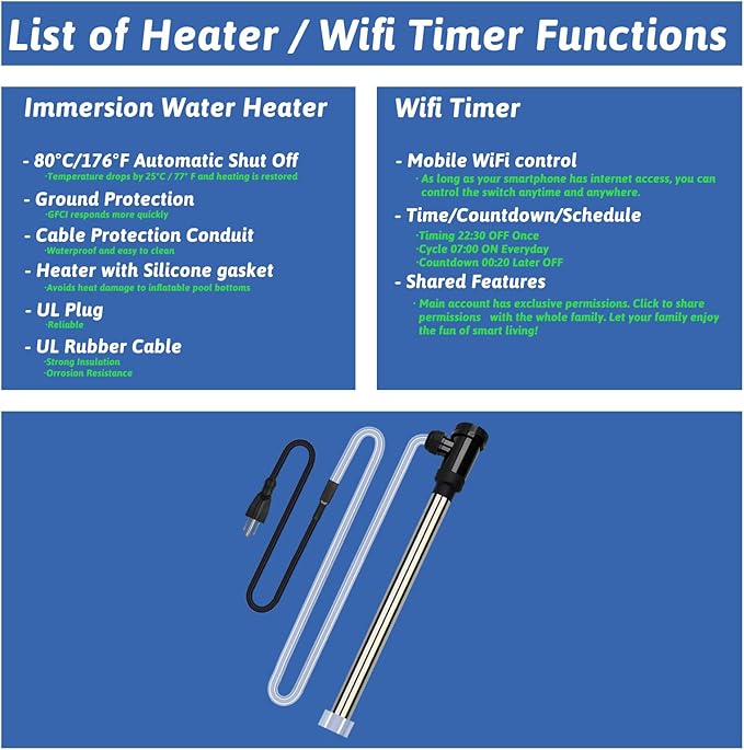 1800W Submersible Water Heater Portable Electric Hot Tub and Pool Immersion Water Heater with Temp Control, WiFi Timer for Baptistry, Spa, Inflatable Pool, above ground pool and Bathtub