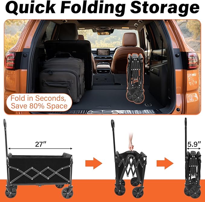 Wagons Carts Foldable - 360Lbs Collapsible Wagon Cart with Wheels Portable - Folding Wagon Lightweight for Camping, Sports, Travel, Picnic, Groceries, Shopping