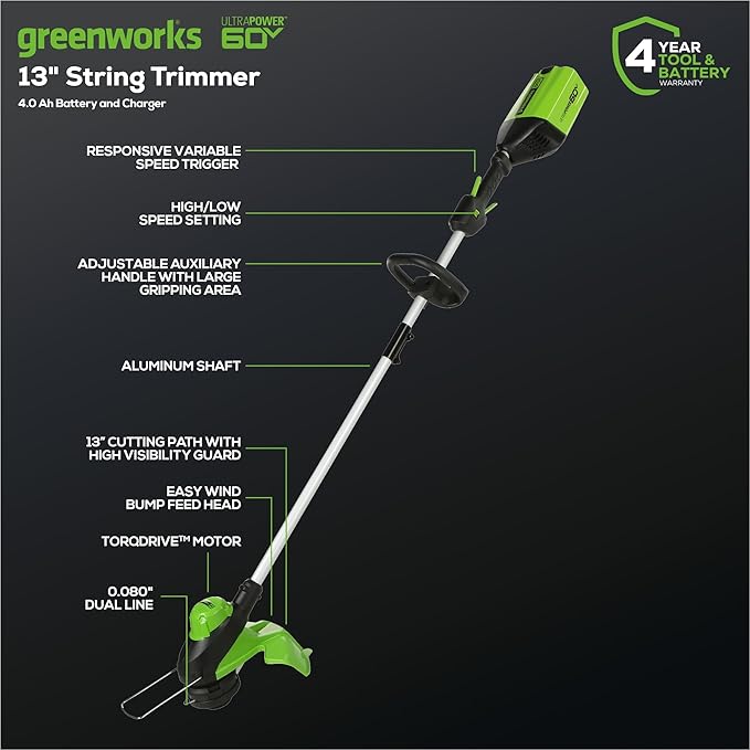 Greenworks 60V 13" Cordless String Trimmer & Leaf Blower Combo Kit, 4.0 Ah Battery and Charger Included